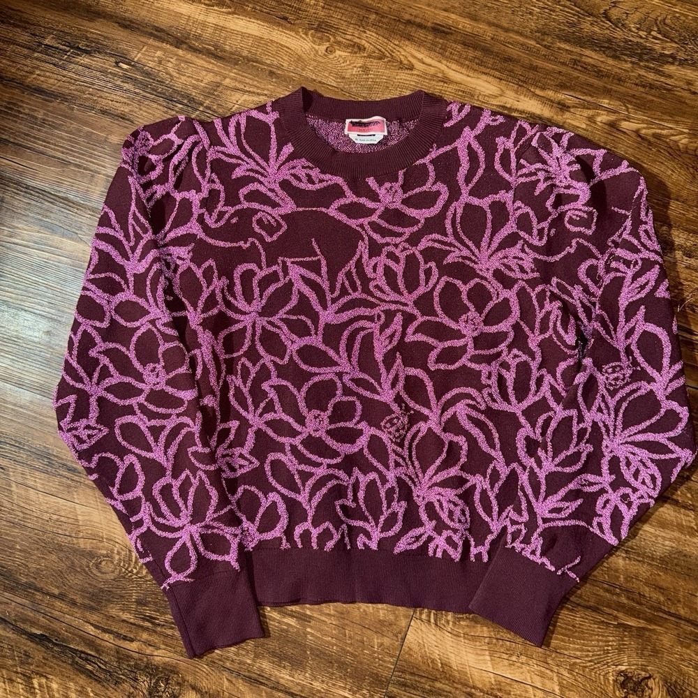 Kate Spade Burgundy Metallic Floral Pullover Sweater Women's Medium